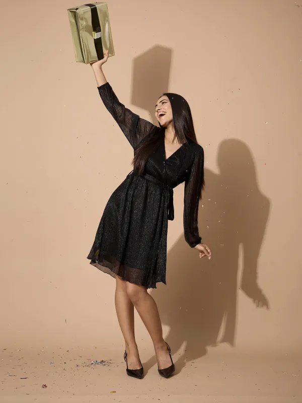 Tiarra Pleated lurex wrap belted dress-Black sold by Salt Attire