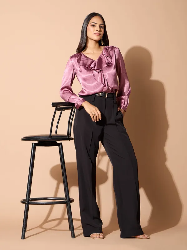 Glint Ruffle neck top-Mauve sold by Salt Attire