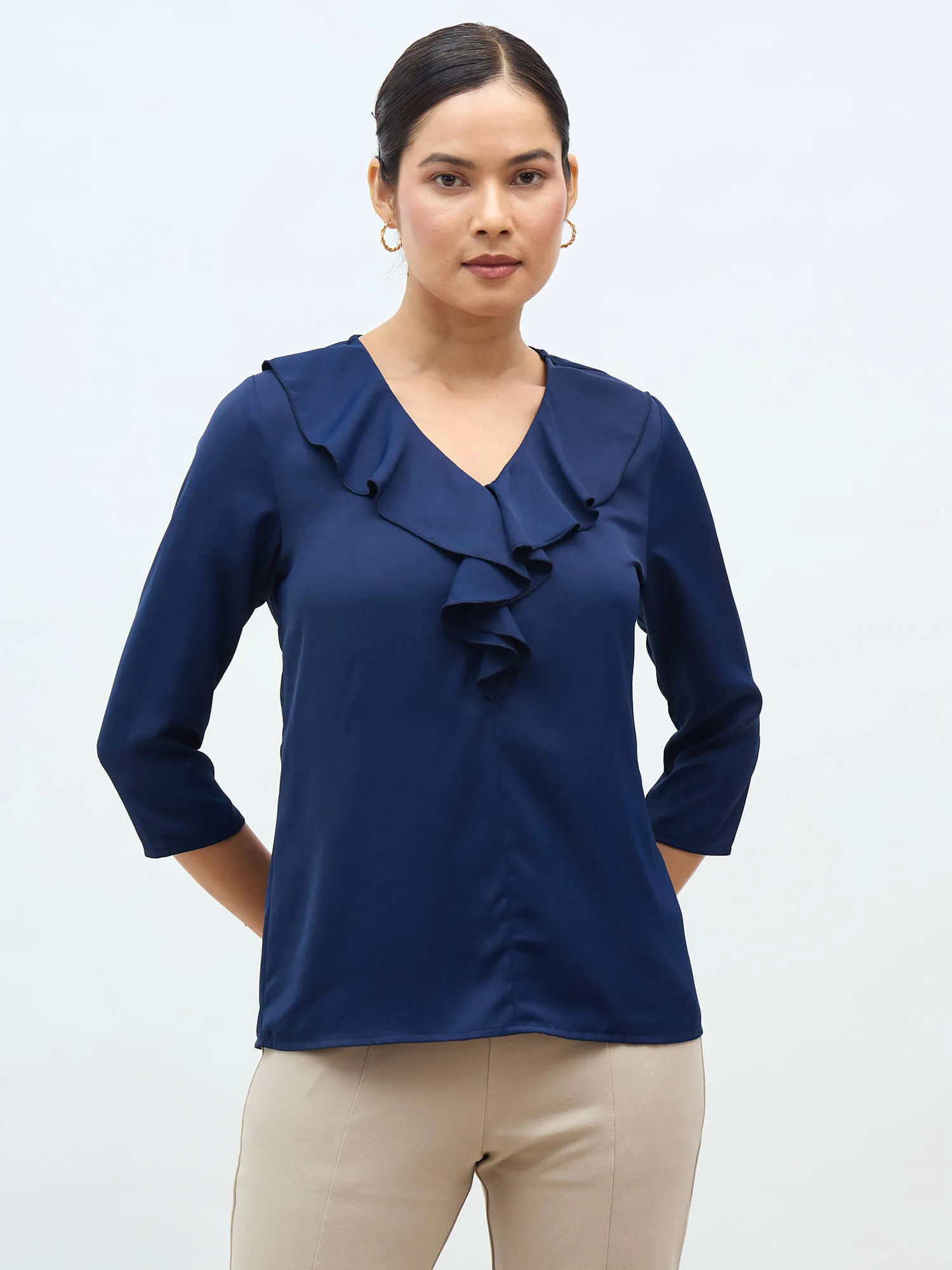 Kiah Ruffled Neckline Top-Navy sold by Salt Attire