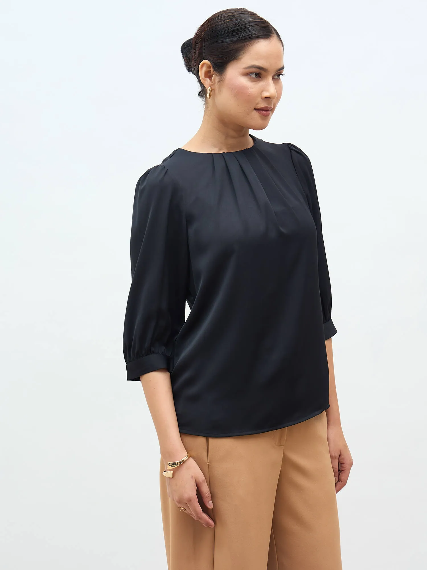 Jeany Pleated Neckline Top-Black sold by Salt Attire product image thumbnail 4
