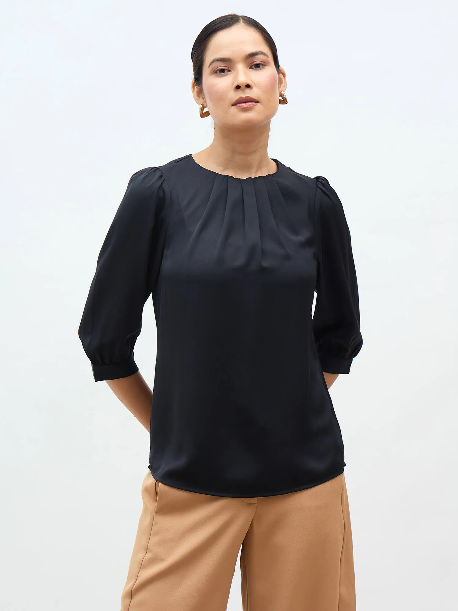 Jeany Pleated Neckline Top-Black sold by Salt Attire product image thumbnail 2