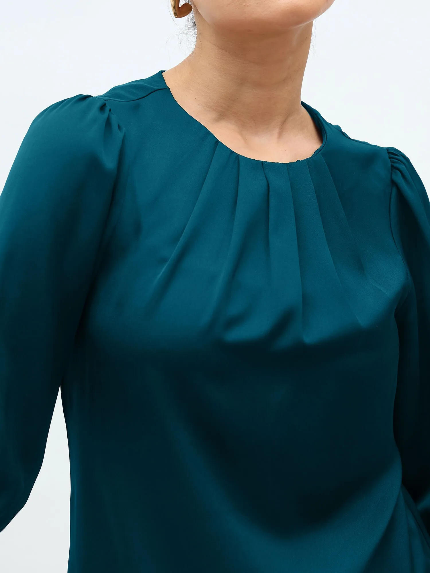 Jeany Pleated Neckline Top-Teal sold by Salt Attire product image thumbnail 3