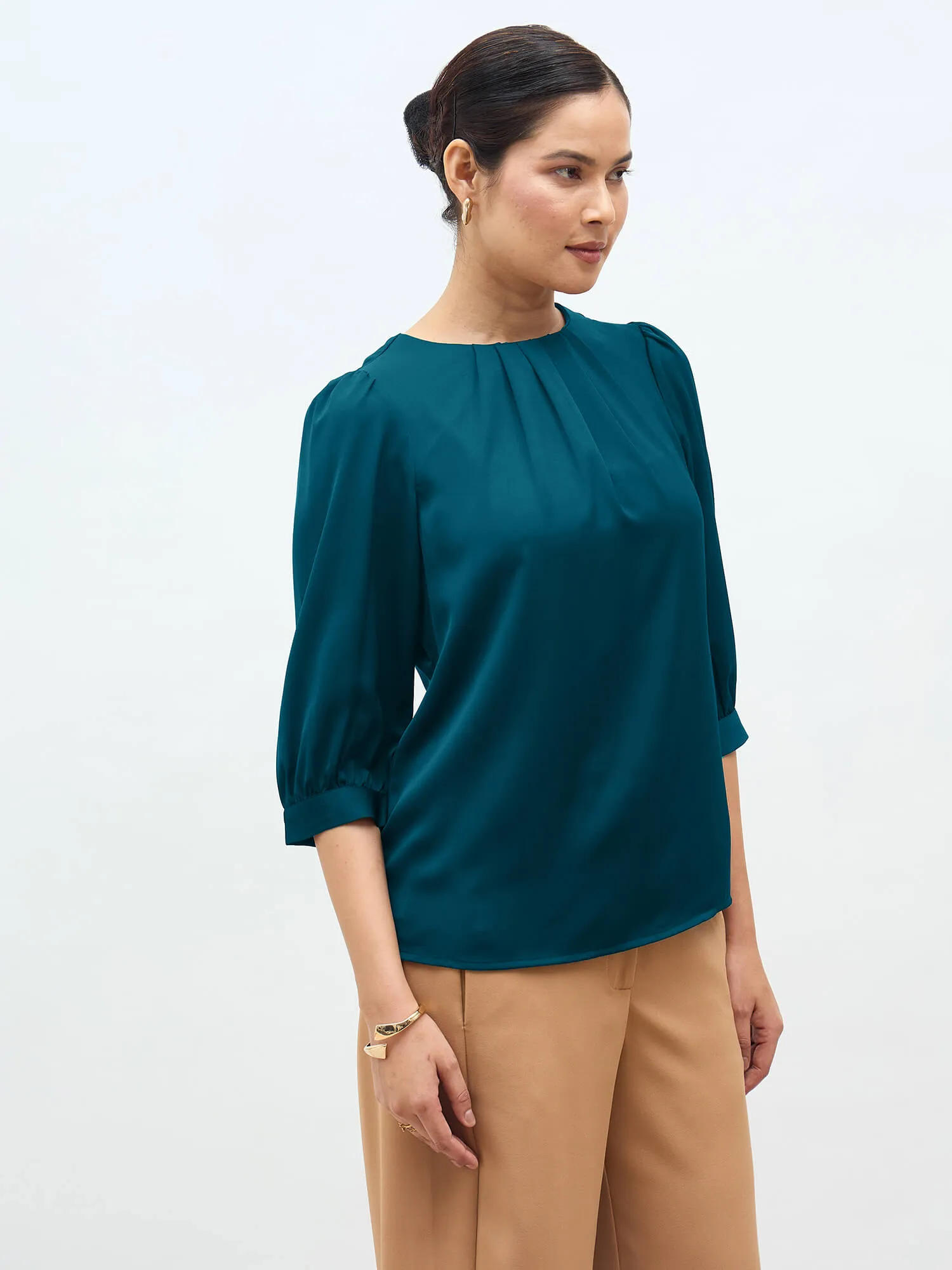 Jeany Pleated Neckline Top-Teal sold by Salt Attire product image thumbnail 4