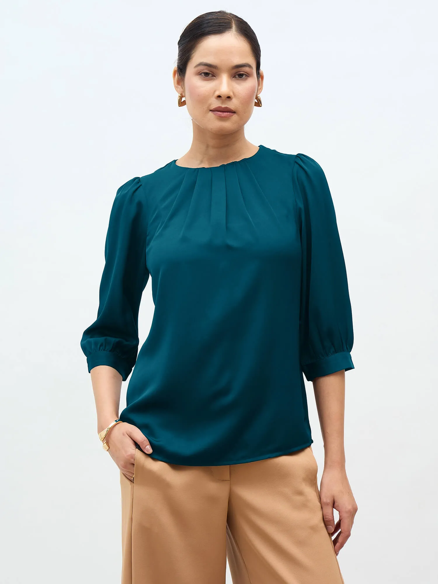 Jeany Pleated Neckline Top-Teal sold by Salt Attire