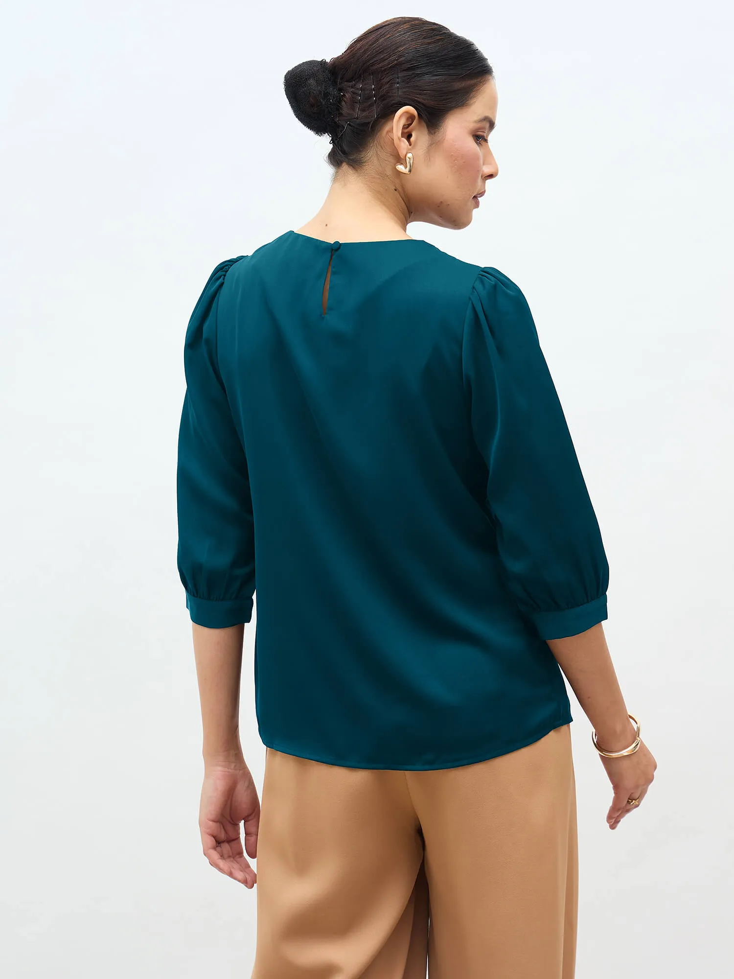 Jeany Pleated Neckline Top-Teal sold by Salt Attire product image thumbnail 5