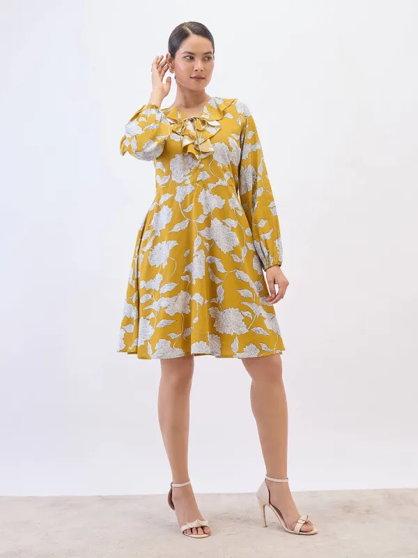 Regina Ruffle neck Dress-Mustard & White sold by Salt Attire