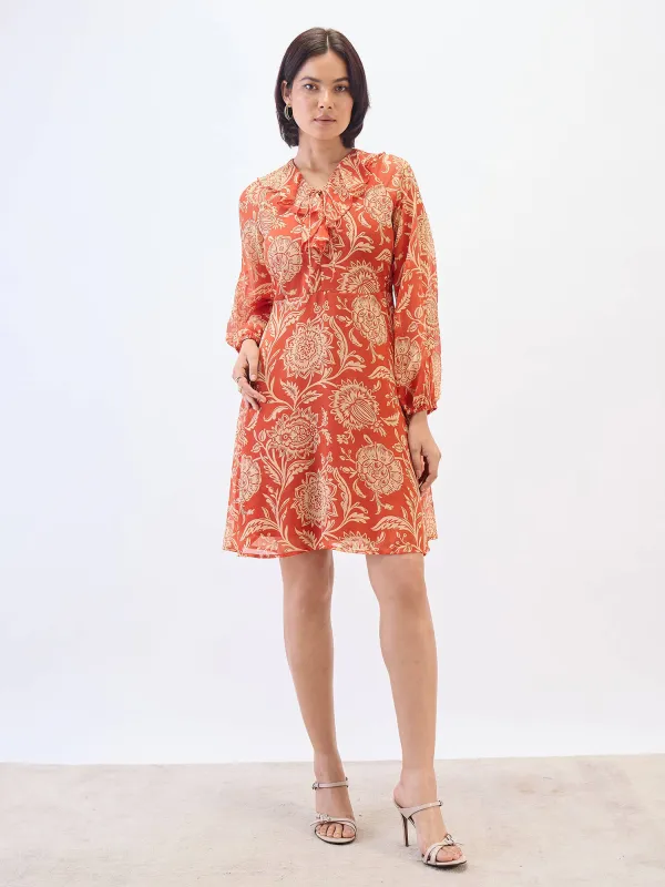 Regina Ruffle neck Dress-Rust & Beige sold by Salt Attire