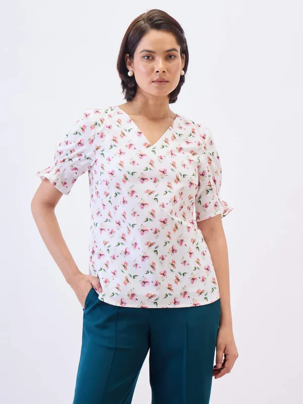 Mariel V neck puff sleeve top-pink&white sold by Salt Attire