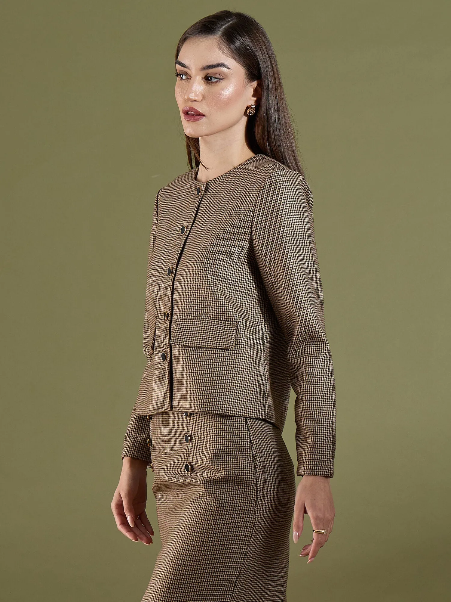 Susie Button Down Short Jacket-Beige & Brown sold by Salt Attire product image thumbnail 4