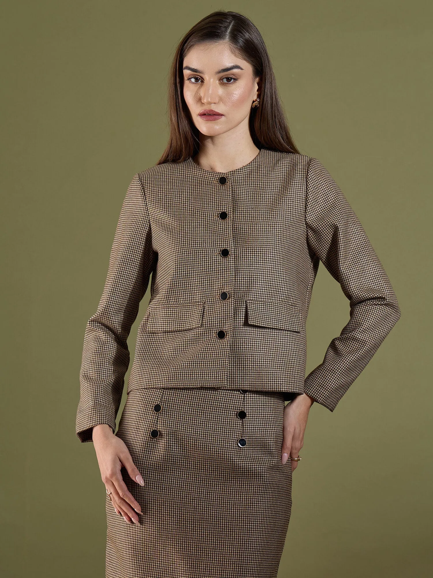 Susie Button Down Short Jacket-Beige & Brown sold by Salt Attire