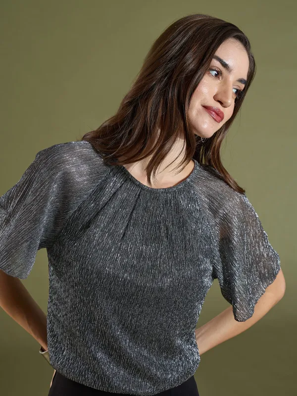 Vella Pleated Neck Flare Sleeve Top-Silver sold by Salt Attire