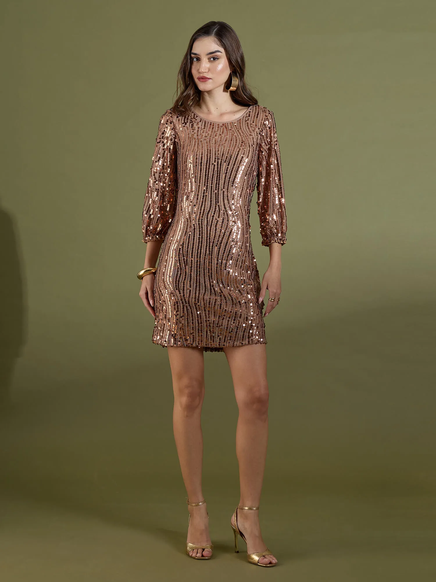 Karina Sequin Above Knee Length Dress-Bronze sold by Salt Attire product image thumbnail 5