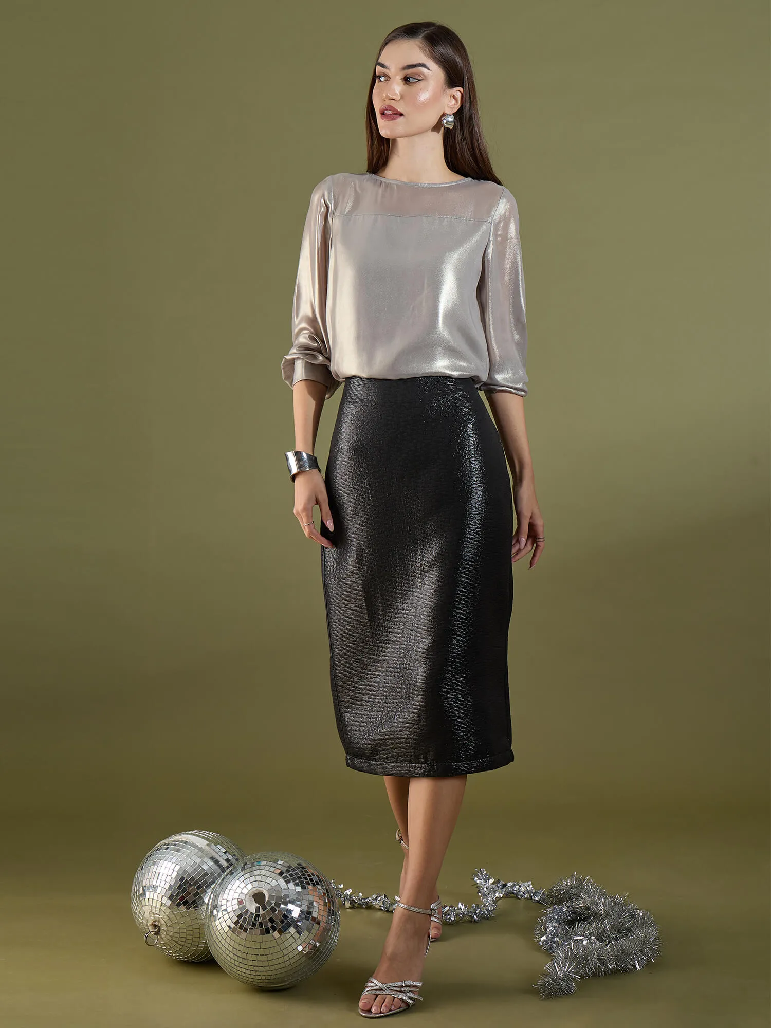 Anora Jacquard Pencil Skirt-Black sold by Salt Attire product image thumbnail 5