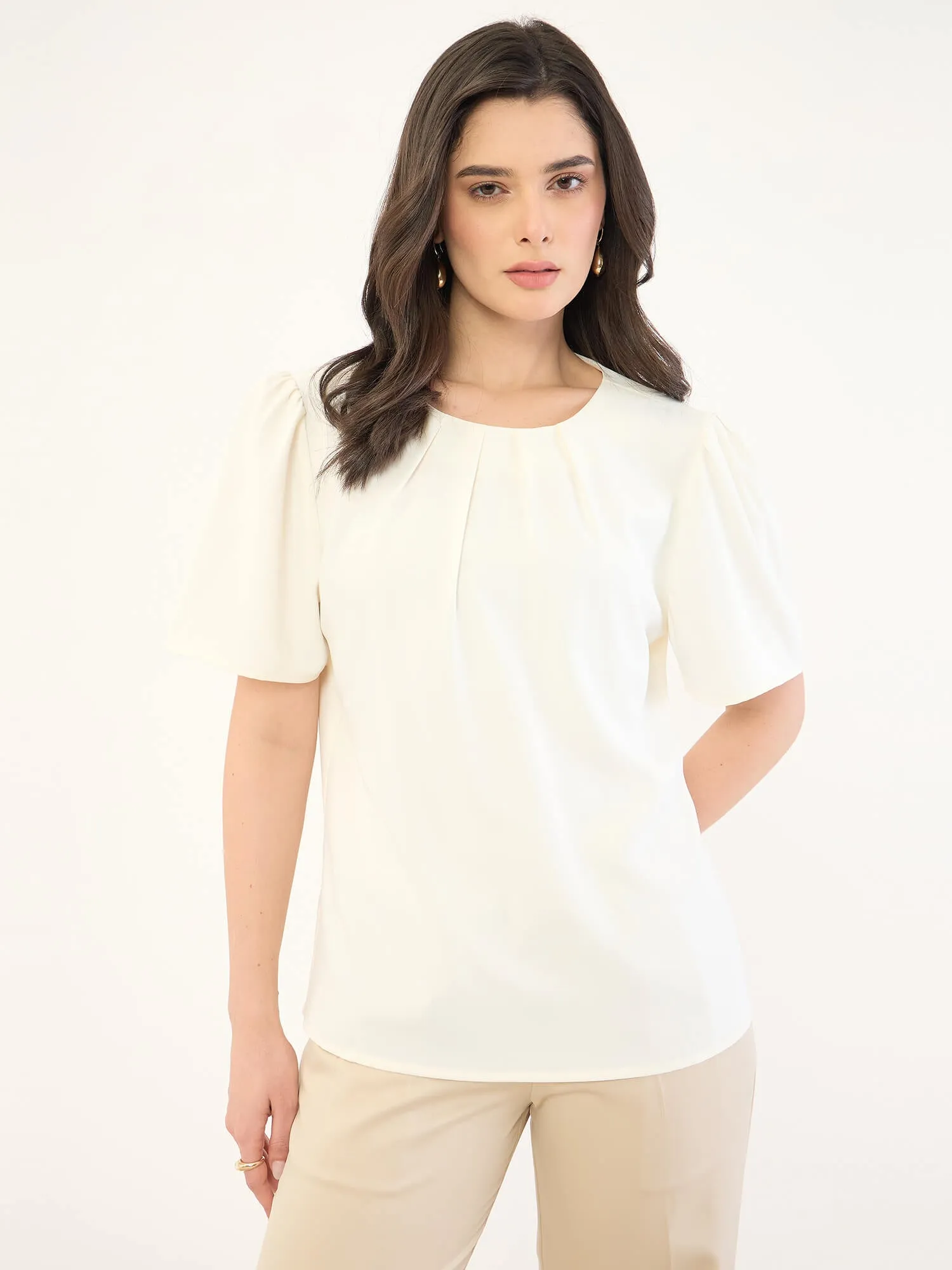 Medley-Off White Pleated Neck Top-Off White sold by Salt Attire product image thumbnail 2