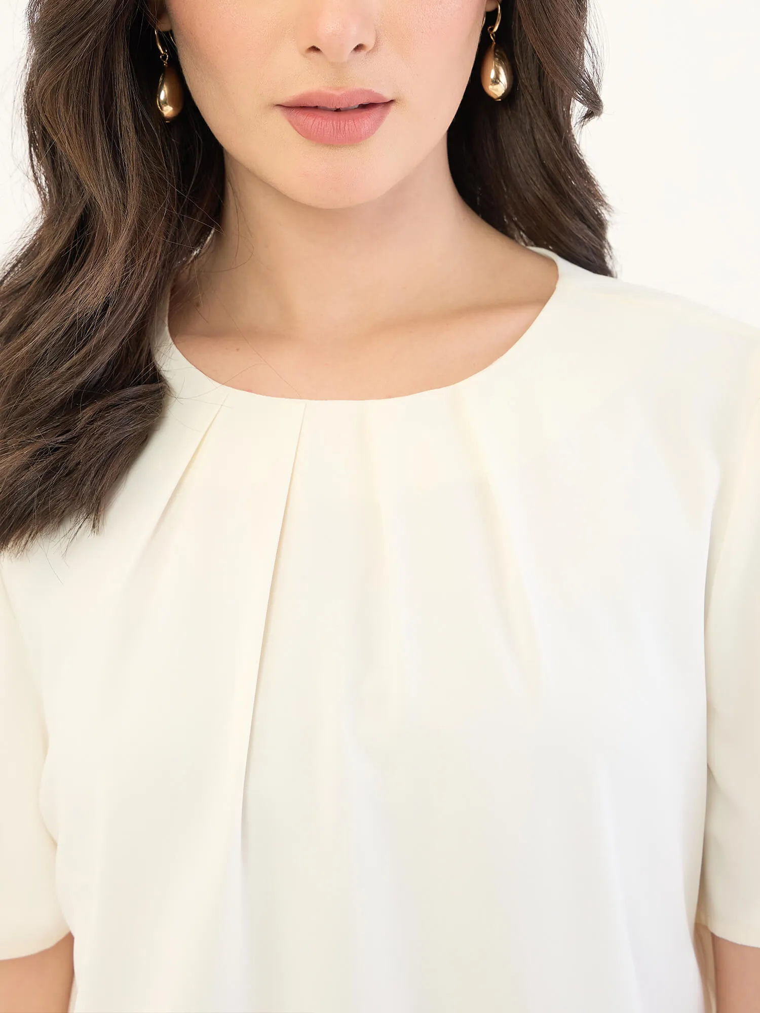 Medley-Off White Pleated Neck Top-Off White sold by Salt Attire product image thumbnail 3