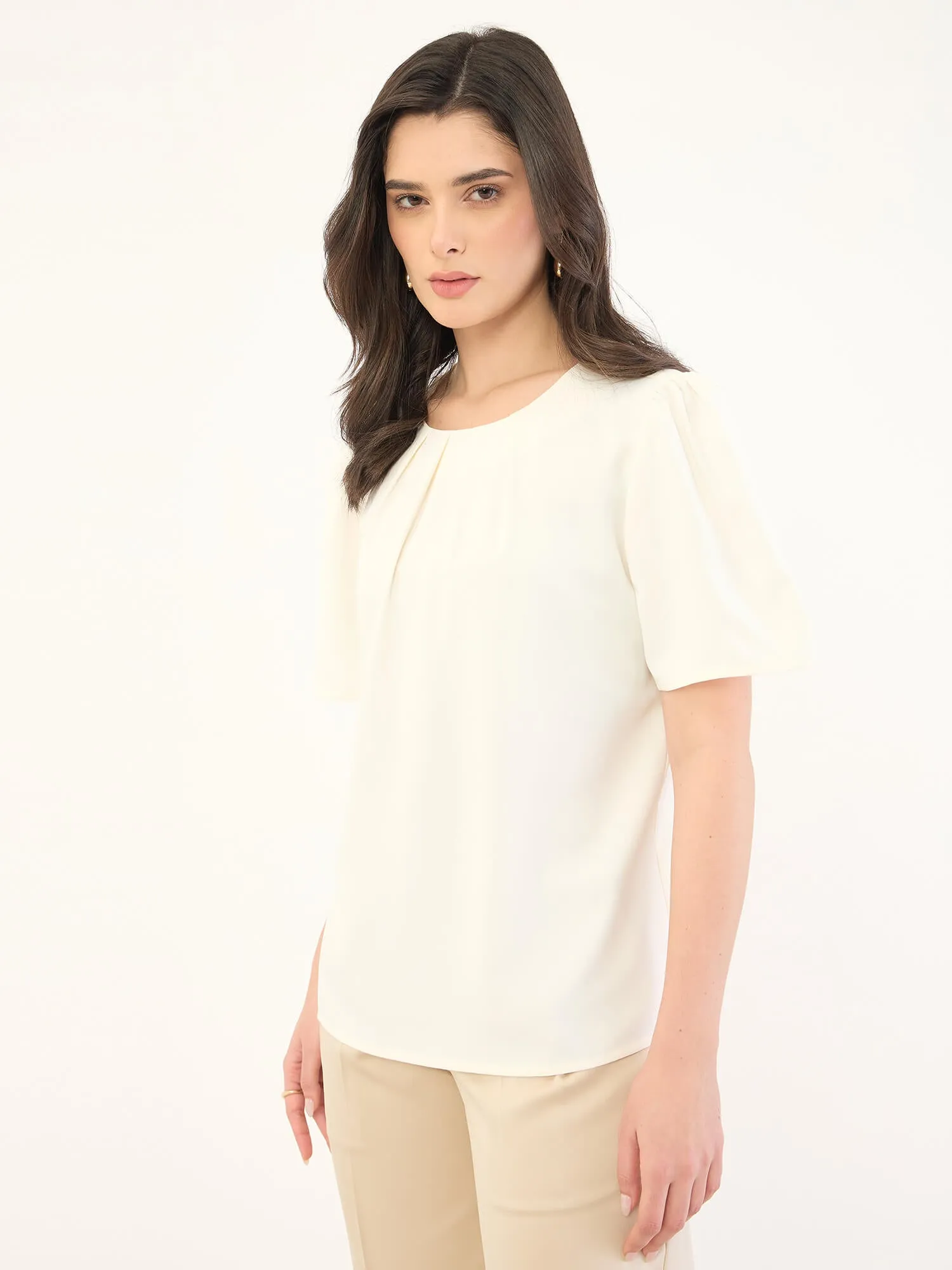 Medley-Off White Pleated Neck Top-Off White sold by Salt Attire product image thumbnail 4