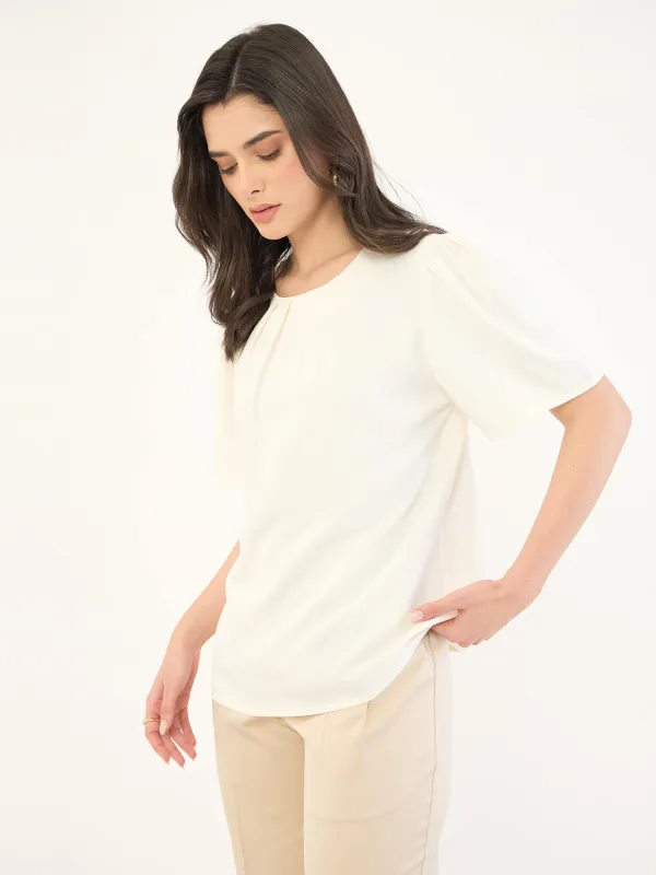 Medley-Off White Pleated Neck Top-Off White sold by Salt Attire