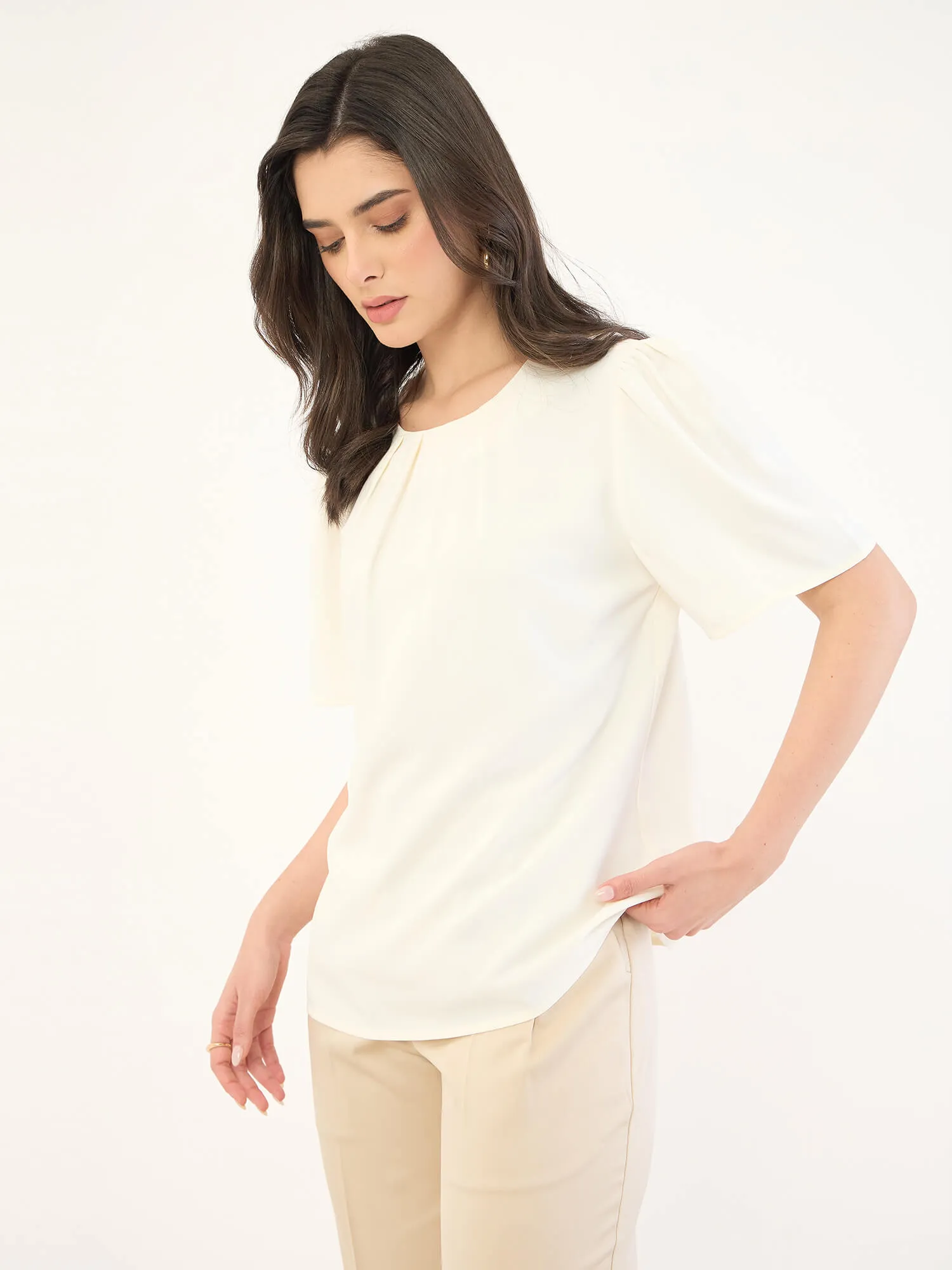 Medley-Off White Pleated Neck Top-Off White sold by Salt Attire