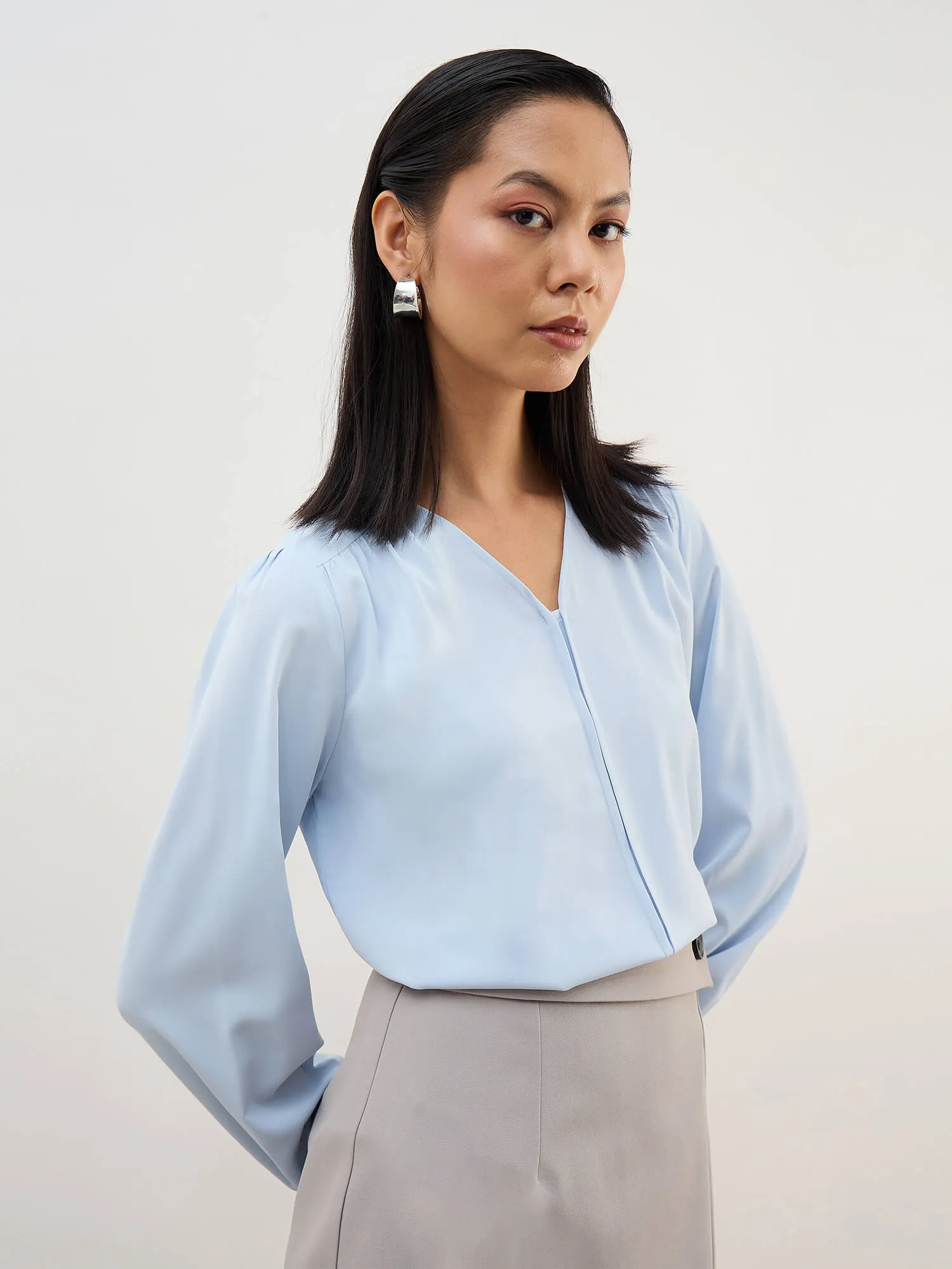 Appletini Gathered Yoke Top-Blue sold by Salt Attire
