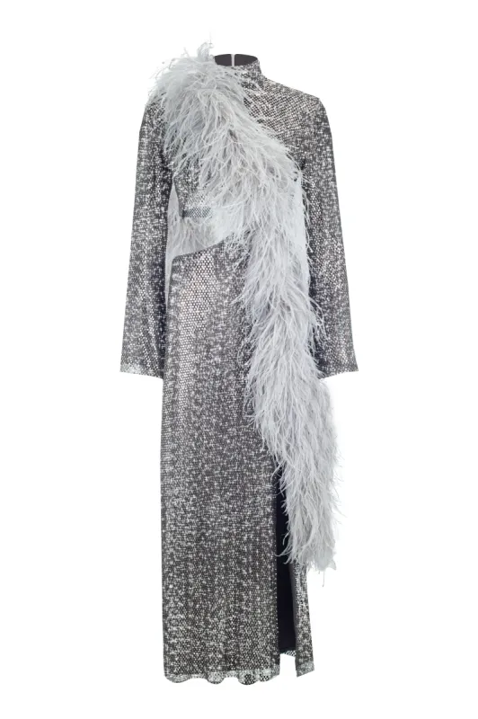 Midi Dress with Feathers and Slit sold by Santa Brand