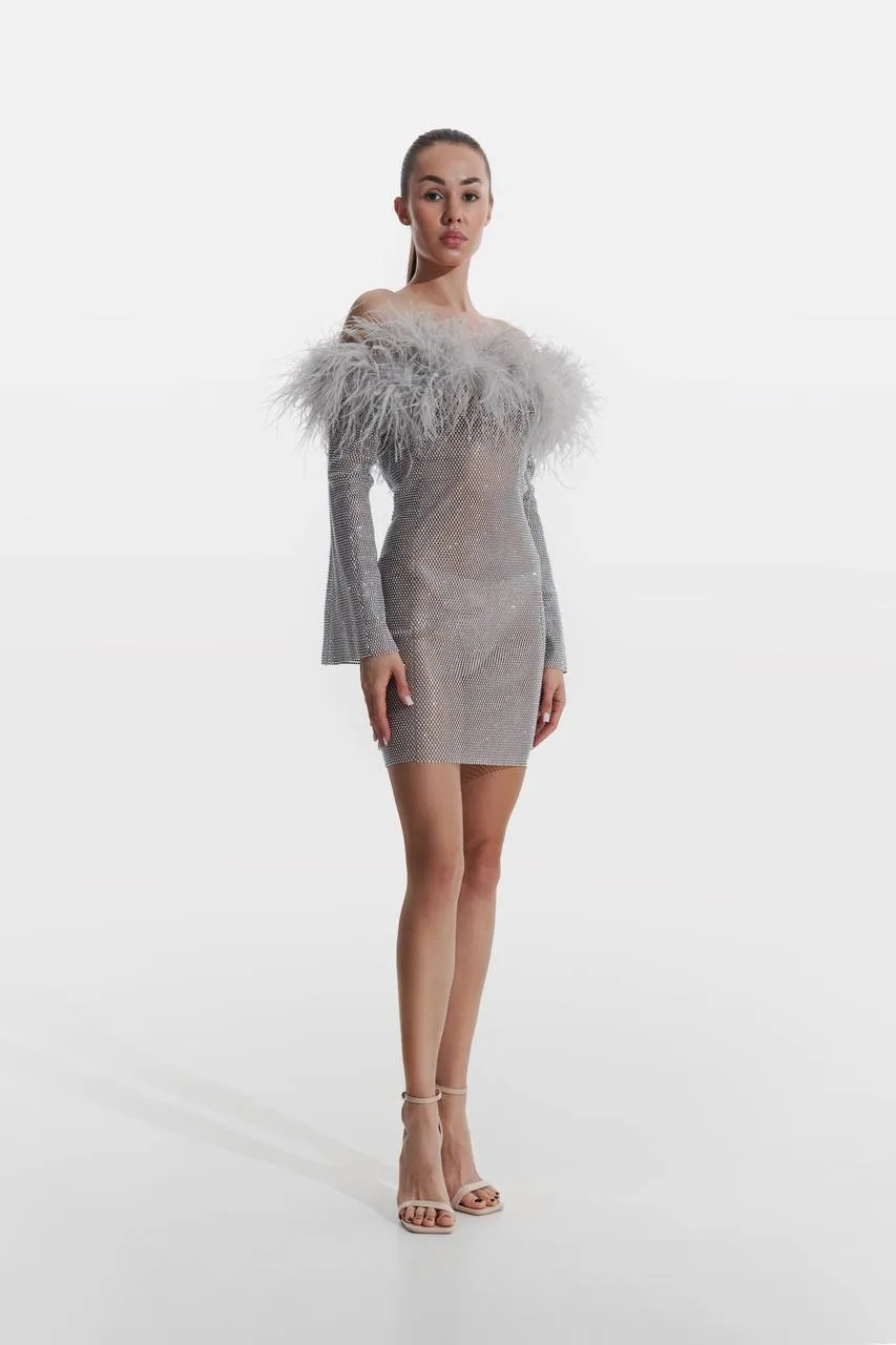 Sparkle Silver Mini Feathers Dress with Open Shoulders sold by Santa Brand product image thumbnail 3