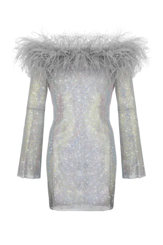 Sparkle Silver Mini Feathers Dress with Open Shoulders sold by Santa Brand