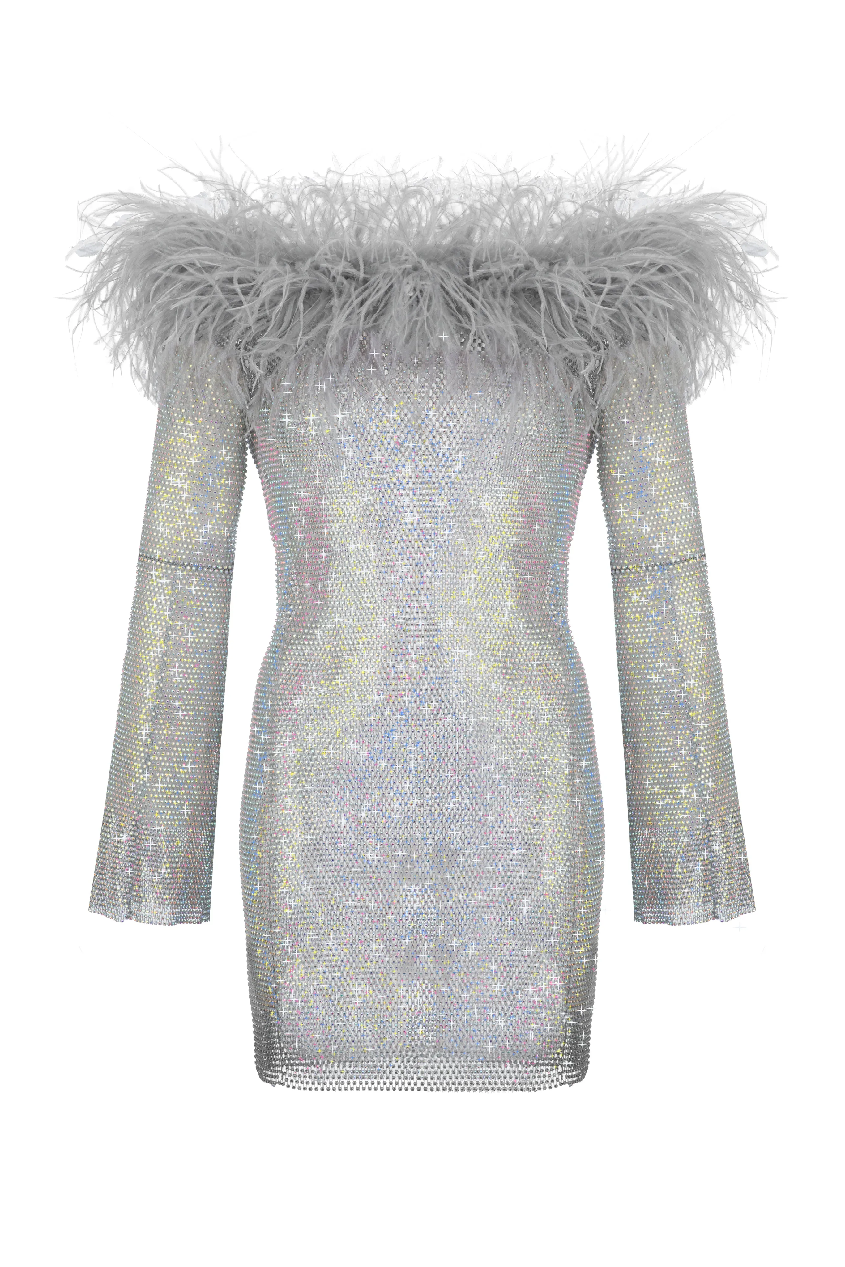 Sparkle Silver Mini Feathers Dress with Open Shoulders sold by Santa Brand