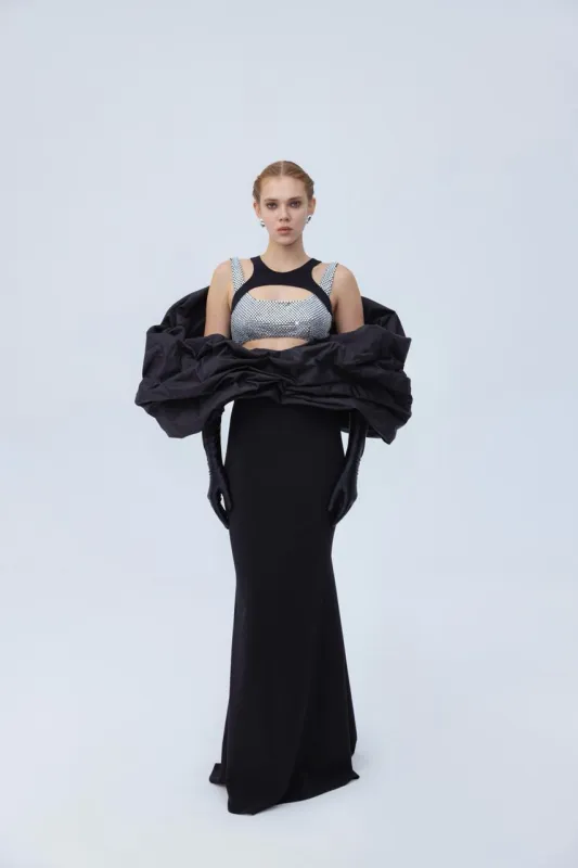 Diamante maxi dress with pouffe sold by Santa Brand