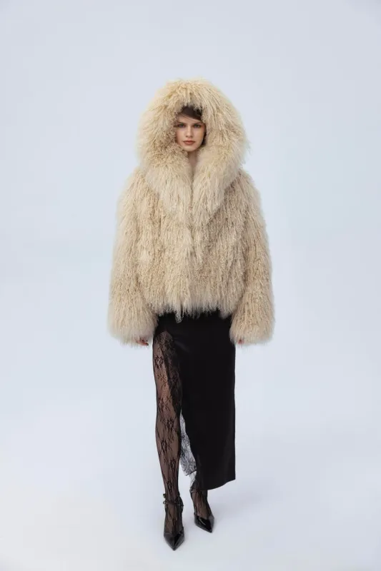 Short fur coat with hood sold by Santa Brand