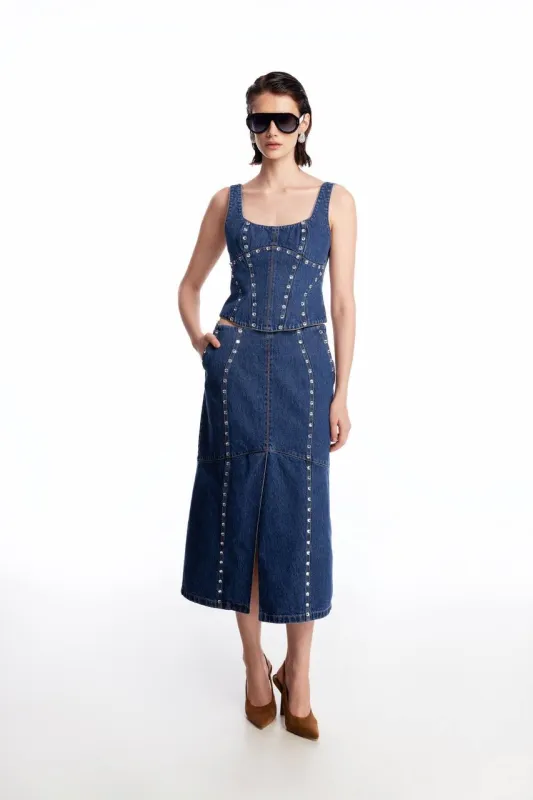 Denim midi skirt with silhouette lines and crystals sold by Santa Brand