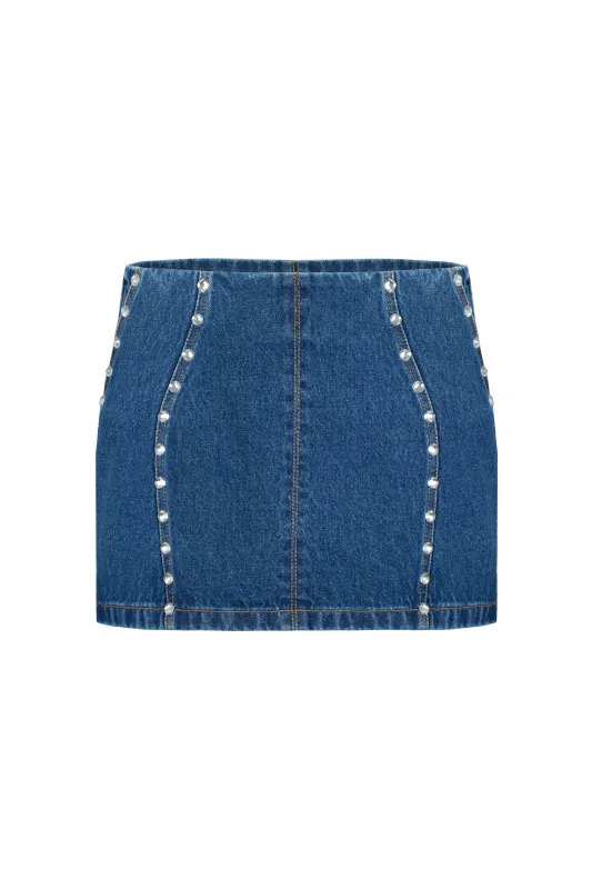 Denim mini skirt with silhouette lines and crystals sold by Santa Brand