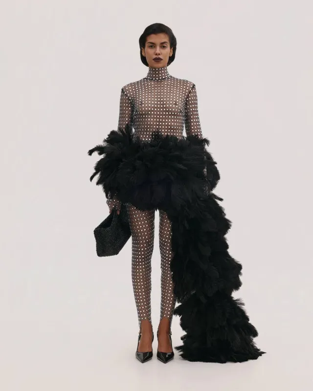 Diamante Mini Dress with Feathers Tail made by Santa Brand