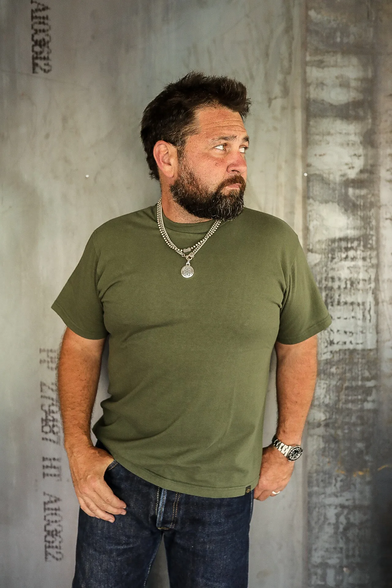 6.5oz Loopwheel Crew Neck T-Shirt With Longer Body - Olive IHT-1610L-OLV sold by Iron Shop Provisions product image thumbnail 3