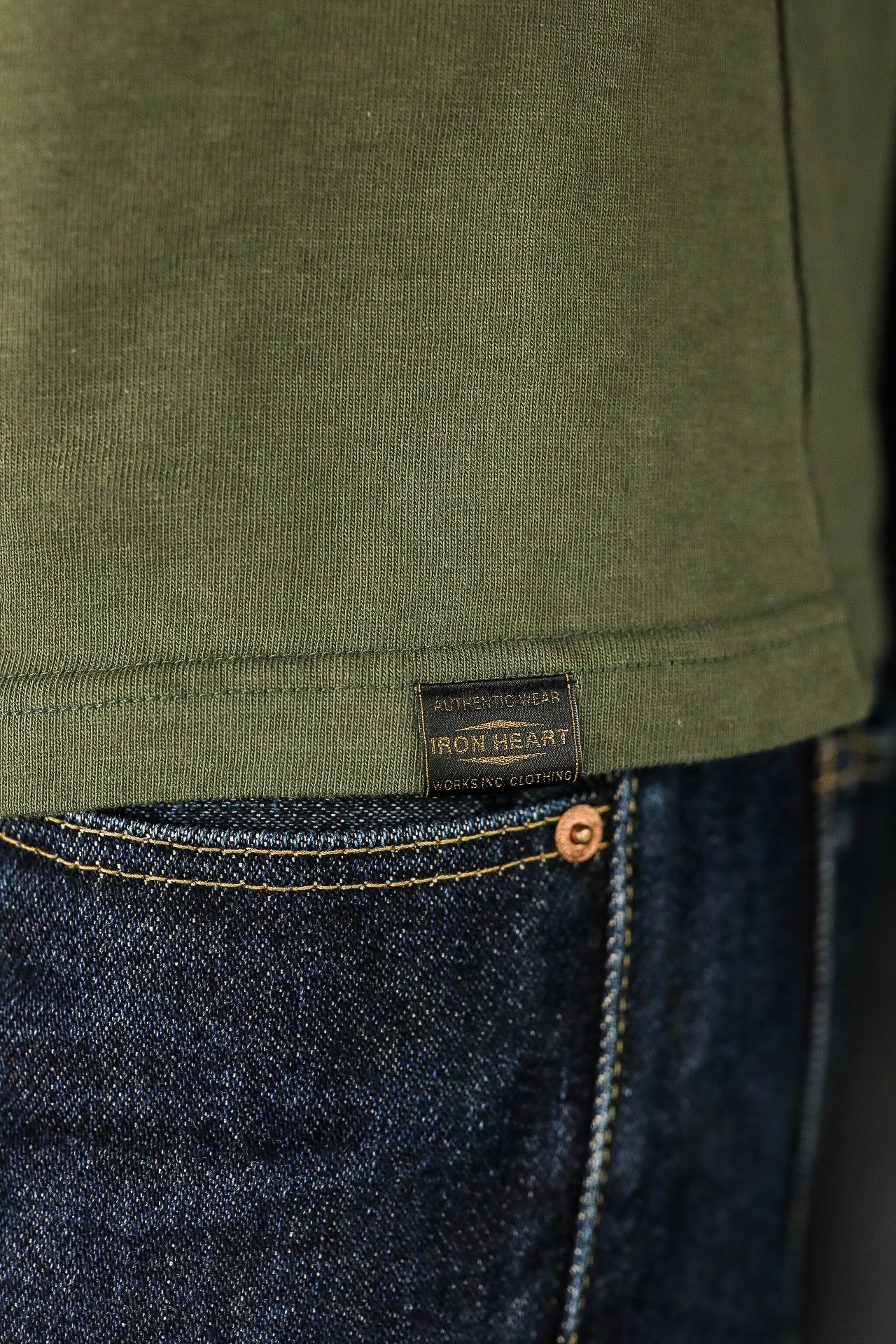 6.5oz Loopwheel Crew Neck T-Shirt With Longer Body - Olive IHT-1610L-OLV sold by Iron Shop Provisions product image thumbnail 2