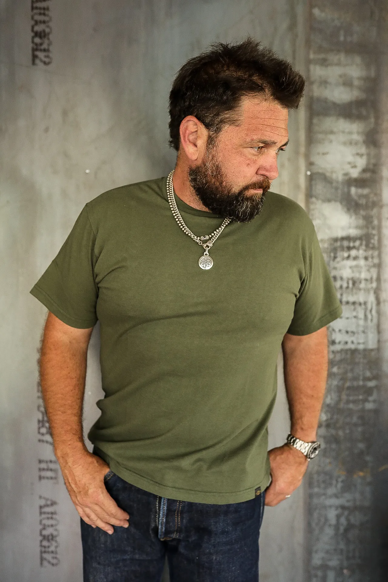 6.5oz Loopwheel Crew Neck T-Shirt With Longer Body - Olive IHT-1610L-OLV sold by Iron Shop Provisions product image thumbnail 5