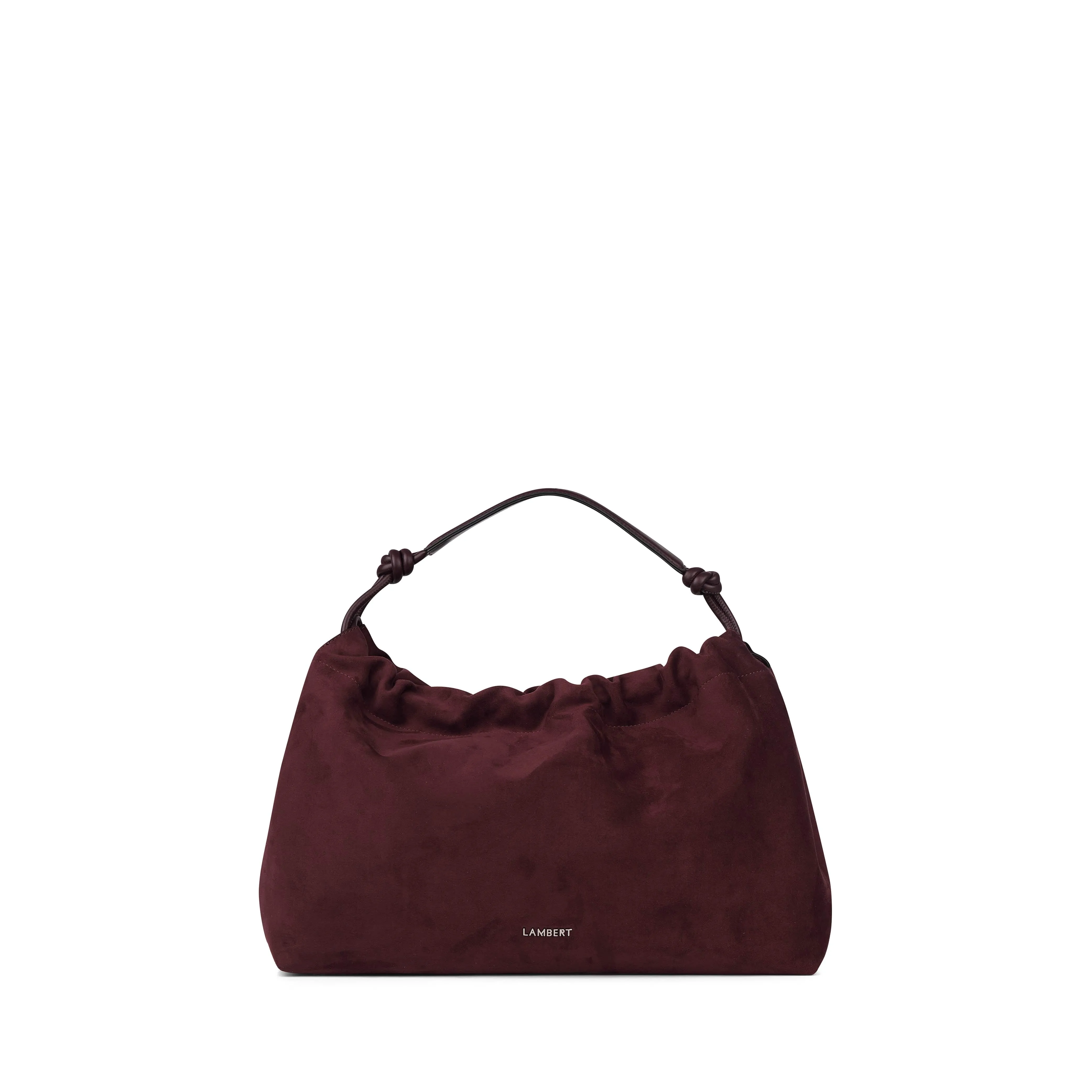 The Lara – Mahogany Vegan Suede Shoulder Bag sold by Lambert