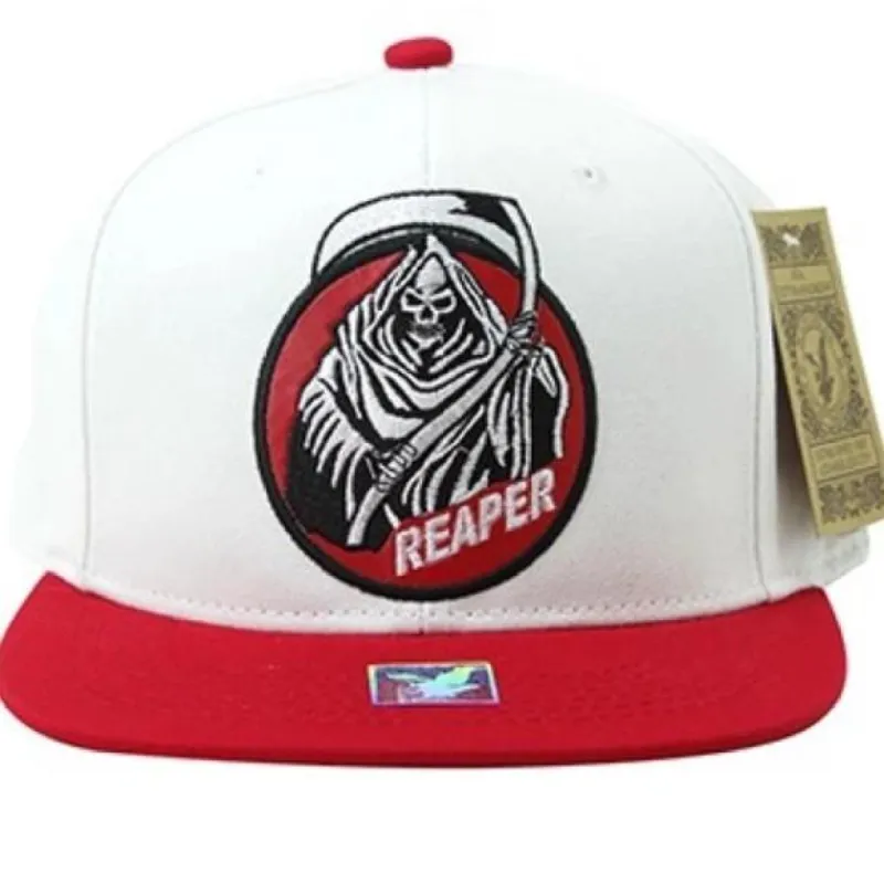 Grim Reaper red white black snapback hat cap sold by Unleashed Streetwear