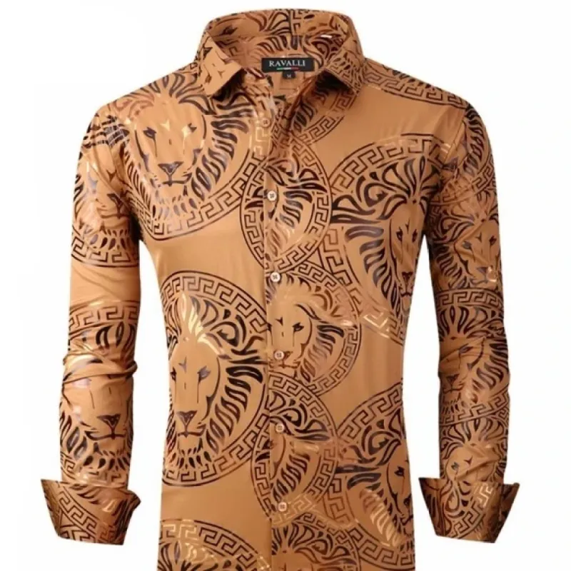 Italian Designer Men's Brown Lion Dress Shirt made by Unleashed Streetwear