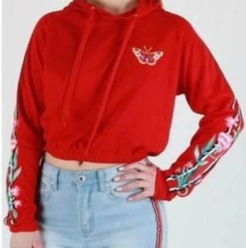 Women’s Red Cropped Long Sleeve Hoodie Hooded Sweatshirt sold by Unleashed Streetwear
