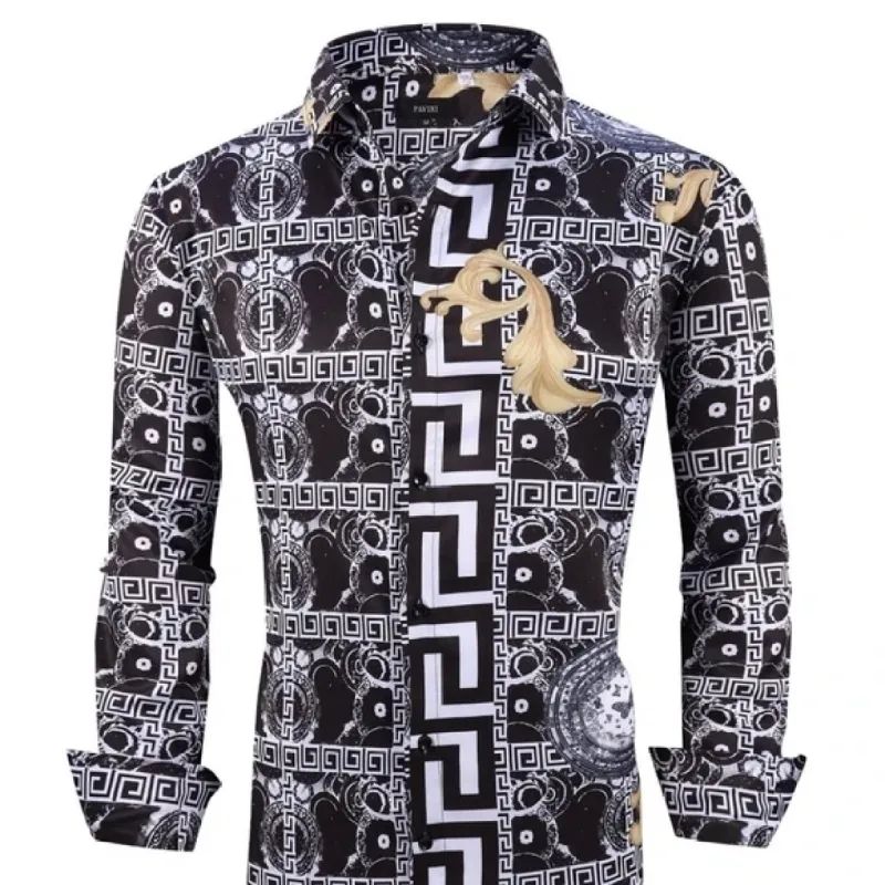 Italian Designer Black White Men’s Shiny Dress Shirt made by Unleashed Streetwear