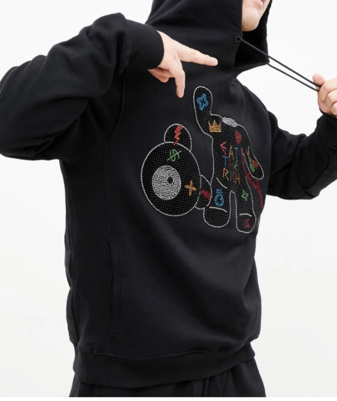 Roku Men’s Black Rhinestone Hoodie Hooded Sweatshirt Shirt sold by Unleashed Streetwear product image thumbnail 3