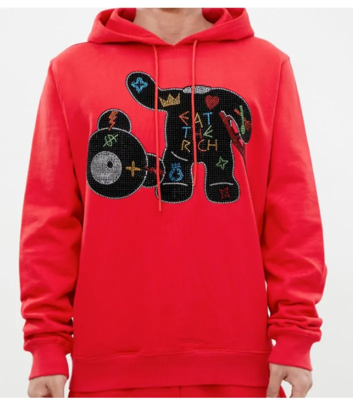 Roku Men’s Red Rhinestone Hoodie Hooded Sweatshirt Shirt sold by Unleashed Streetwear