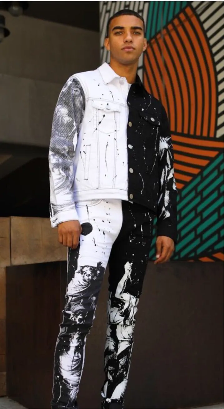 Cooper 9 Men’s White Black Paint Splatter 2 Piece Jean Set sold by Unleashed Streetwear