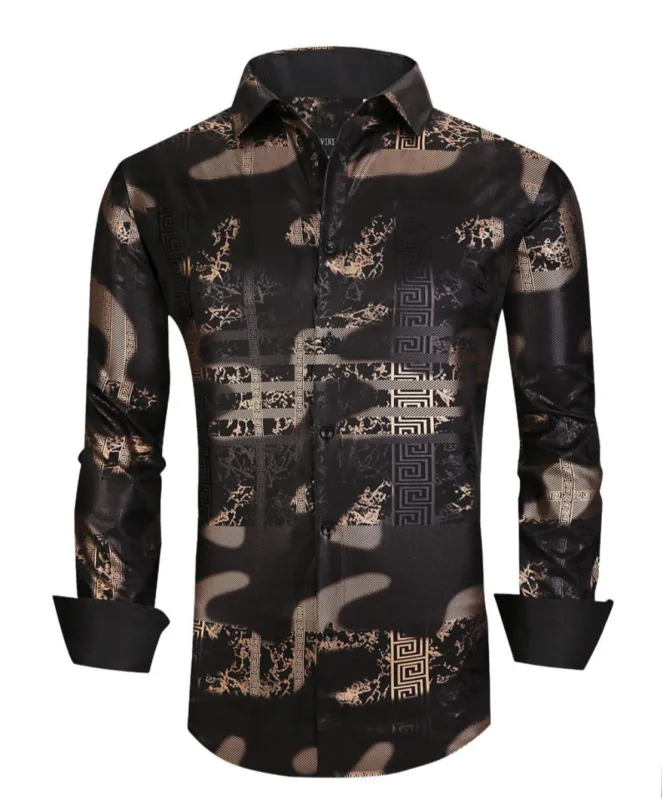 Italian Designer Men's Black Shimmering Gold Dress Shirt sold by Unleashed Streetwear
