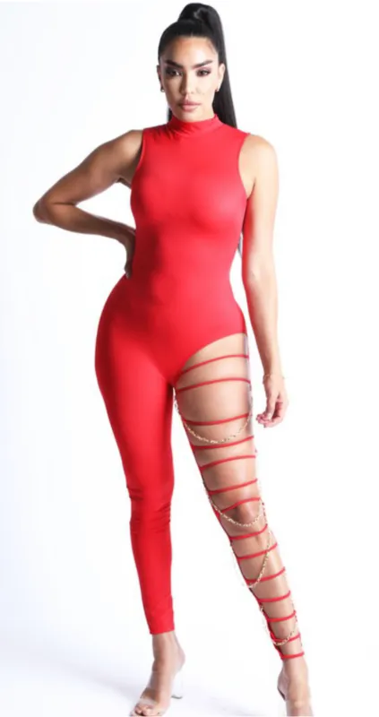 Women’s Red Gold Chain Jumpsuit sold by Unleashed Streetwear