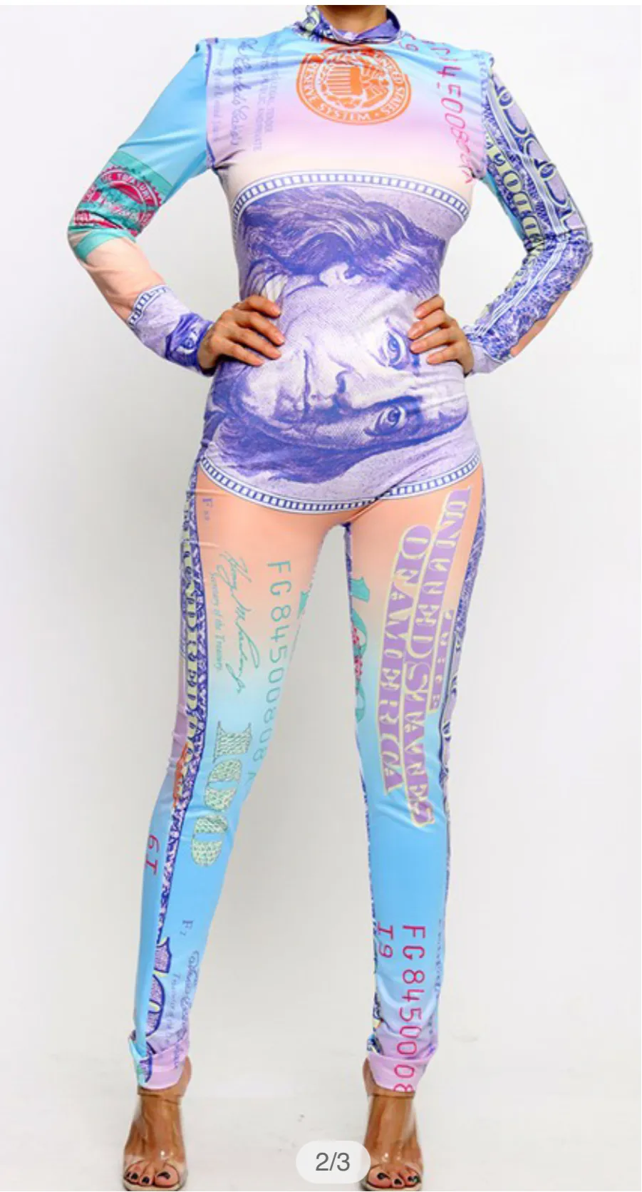 Women’s Multi Color Money Print Dollar Bill Print Jumpsuit sold by Unleashed Streetwear product image thumbnail 2