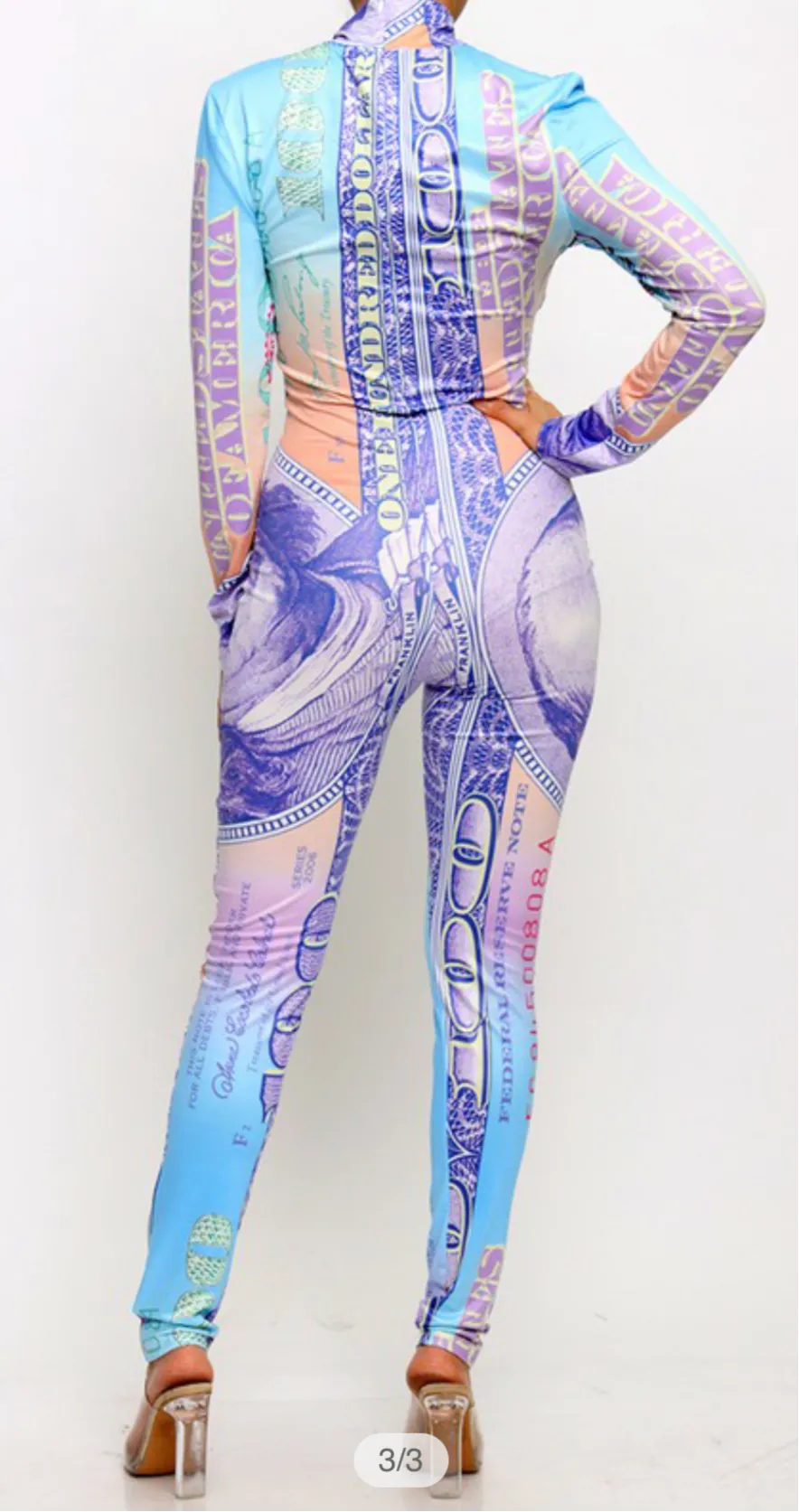 Women’s Multi Color Money Print Dollar Bill Print Jumpsuit sold by Unleashed Streetwear product image thumbnail 3