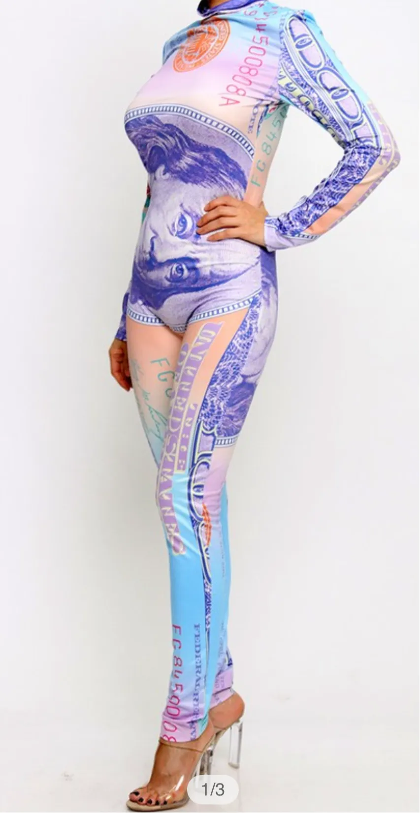 Women’s Multi Color Money Print Dollar Bill Print Jumpsuit sold by Unleashed Streetwear