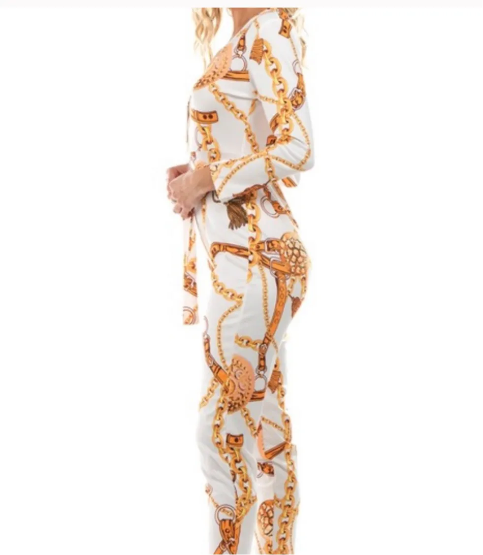 Women’s White Gold Chain Print Jumpsuit sold by Unleashed Streetwear product image thumbnail 3