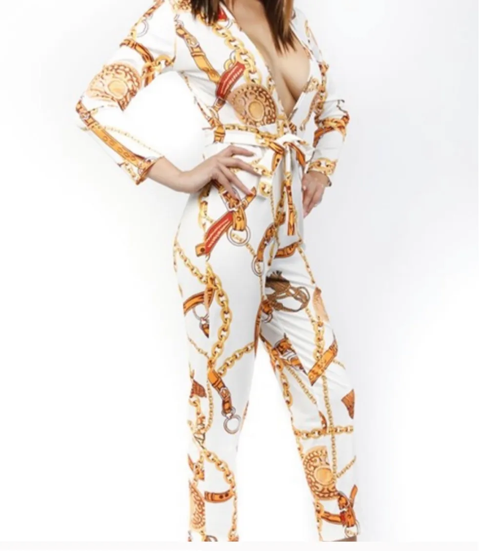 Women’s White Gold Chain Print Jumpsuit sold by Unleashed Streetwear